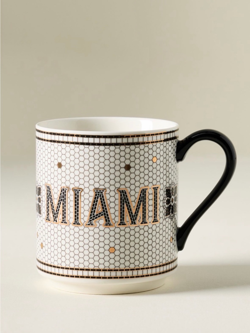 Anthropology “Miami”Mosaic Ceramic Coffee Mug - Black & Gold